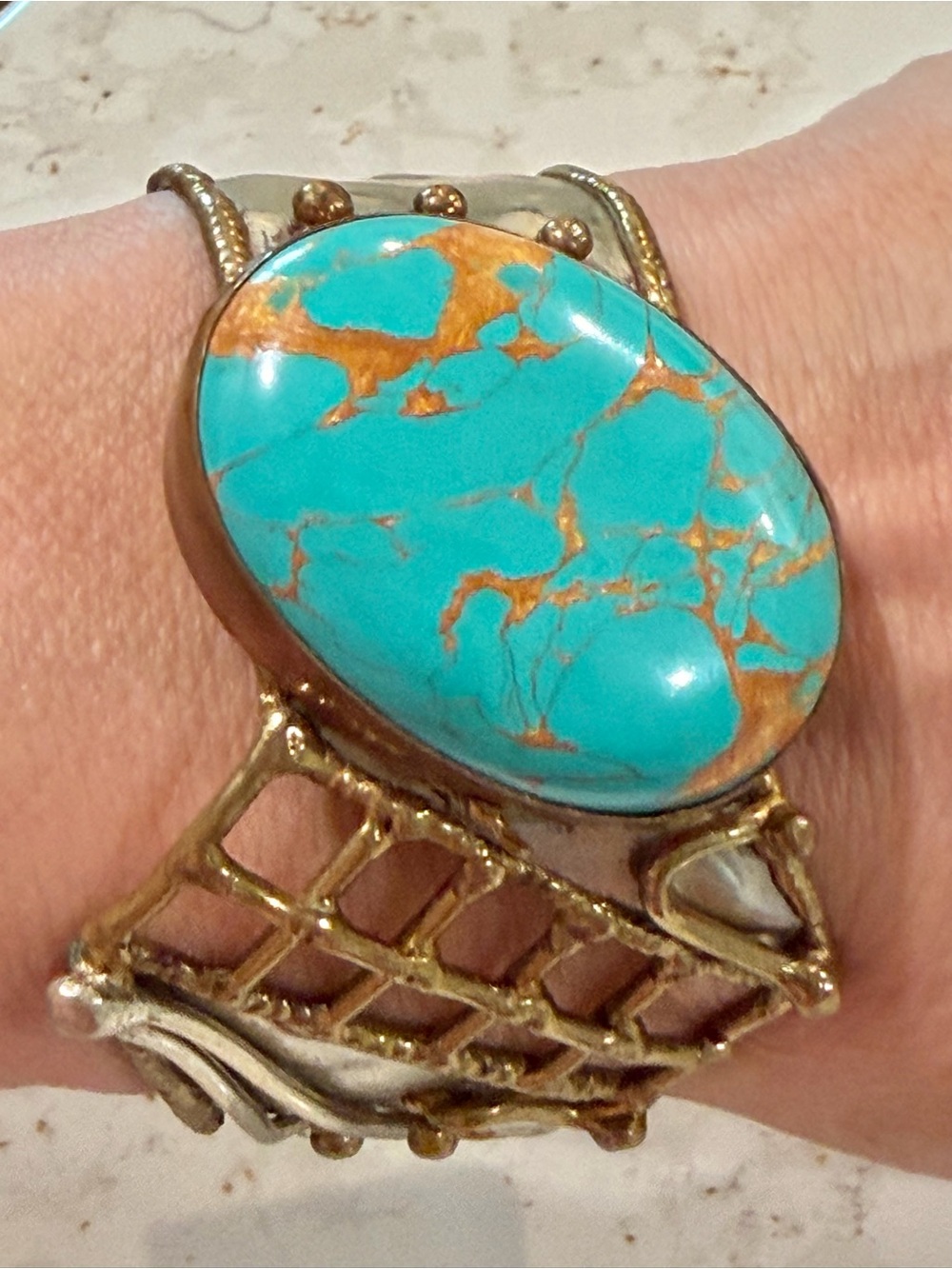 Vintage Mixed Metal Brutalist Turquoise Cuff Bracelet Statement Grid Lattice - Picture 2 of 15